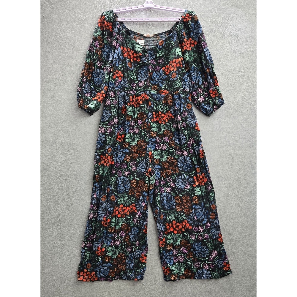 Knox Rose Women Jumpsuit XL Black Floral Smocked 3/4‎ Sleeve Wide Leg